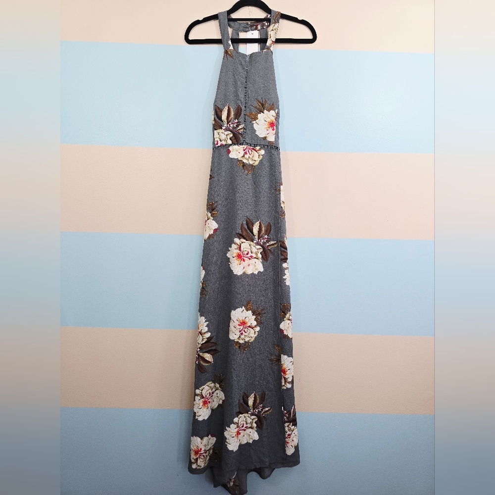 NWT Zesica Floral Gray Halter Split Maxi Dress - Picture 2 of 10
